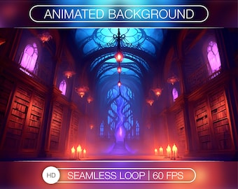 May include: Animated background featuring a dark, gothic library with glowing purple and red lights. The library has tall bookshelves, arched doorways, and a large, ornate chandelier. The background is seamless and loops at 60 frames per second.