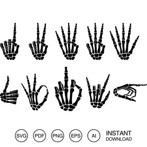Pode incluir: Um conjunto de nove silhuetas de mãos de esqueleto pretas em várias poses, incluindo um polegar para cima, um sinal de paz e um gesto de rock and roll.