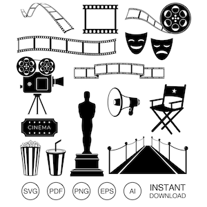 Cinema bundle SVG | Film camera svg | Film strip svg | Movie night svg | Director chair svg | Comedy tragedy svg | Movie clipart