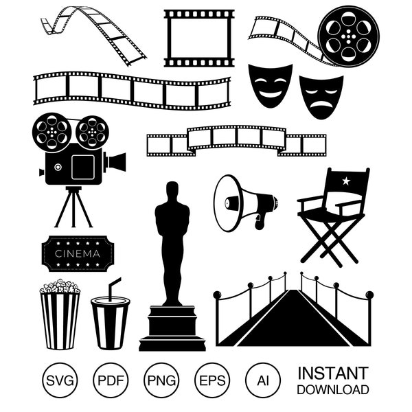 Cinema bundle SVG | Film camera svg | Film strip svg | Movie night svg | Director chair svg | Comedy tragedy svg | Movie clipart