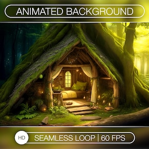 May include: A cozy, moss-covered cabin nestled in a lush, green forest. The cabin has a wooden door and windows, and a small porch with a bed and pillows. The forest is filled with tall trees and sunlight streaming through the leaves. The text "ANIMATED BACKGROUND" is at the top of the image, and "SEAMLESS LOOP | 60 FPS" is at the bottom.