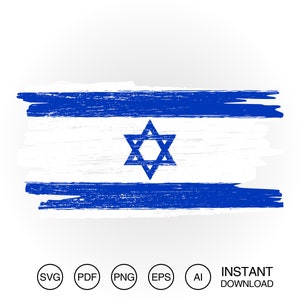 Puede incluir: Un diseño de estilo grunge en azul y blanco del emblema de la bandera israelí. La bandera presenta una estrella de David azul sobre un fondo blanco con dos franjas azules.