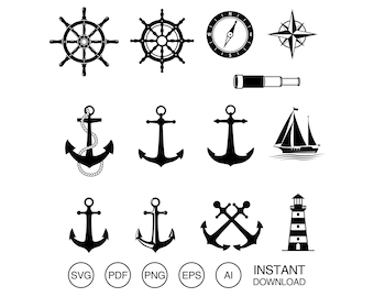 May include: A set of 10 nautical themed vector illustrations in black and white. The illustrations include a ship's wheel, compass, anchor, sailboat, lighthouse, and telescope.