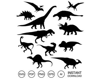 Puede incluir: Siluetas de varios dinosaurios, incluyendo un estegosaurio, un braquiosaurio, un triceratops y un pterodáctilo. Los dinosaurios son negros sobre un fondo blanco.