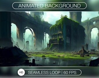 May include: A digital animation of a ruined city overgrown with greenery. The animation is a seamless loop at 60 frames per second. The city is in a state of decay, with crumbling buildings and overgrown vegetation. The animation is in high definition.