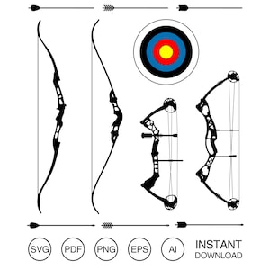 May include: Black and white illustration of archery equipment, including recurve bows, compound bows, arrows, and a target. The image also includes file type icons and the text "INSTANT DOWNLOAD".