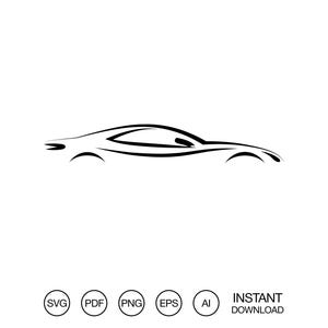 Peut inclure: Un dessin au trait noir minimaliste d'une silhouette de voiture sur fond blanc. L'image comprend les mots "INSTANT DOWNLOAD" et des icônes de type de fichier : SVG, PDF, PNG, EPS et AI.