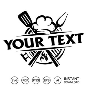 以下が含まれることがあります： シェフの帽子、交差したグリルツール、炎を特徴とする白黒のロゴデザイン。テキスト「YOUR TEXT」はデザインの上の横断幕に表示されます。