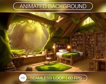 May include: A cozy bedroom with a wooden bed, a green rug, and a bookshelf filled with books. The room is located inside a tree with a view of a forest through a window. The text "ANIMATED BACKGROUND" is at the top of the image. The text "SEAMLESS LOOP | 60 FPS" is at the bottom of the image.