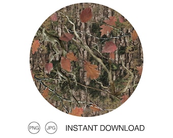 May include: A seamless pattern featuring a camouflage design with brown, green, and tan colours. The pattern includes branches, leaves, and tree bark. The leaves are in shades of red and orange, suggesting an autumnal theme.