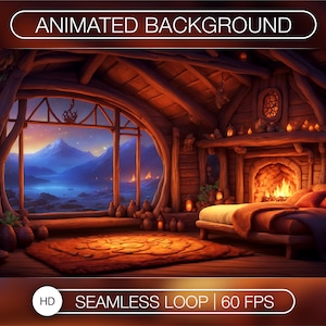 May include: Animated background featuring a cozy cabin with a large window overlooking a mountain range at sunset. The cabin has a fireplace with a roaring fire, a bed with pillows and blankets, and a rug on the floor. The scene is lit by candles and lanterns, creating a warm and inviting atmosphere.