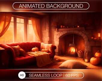 Autumn Room Animated Background, Cozy Fireplace Stream Overlay (MP4)