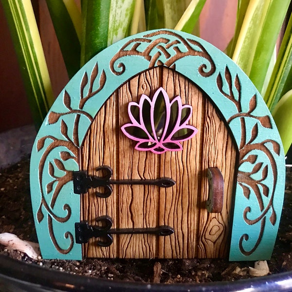 Spring Lotus Faerie Door - painted and weatherproofed laser cut wooden door for your garden, 5" tall