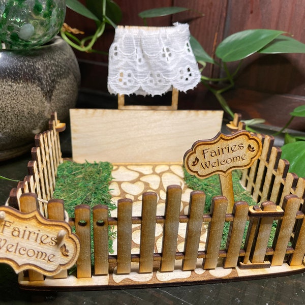 DIY Kit: Fenced Faerie Garden w/ working gate - 3D laser cut wooden faerie door stand craft kit w/ moss lawn, lace curtain, lights add-on