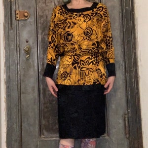 Small medium Vintage 80s Mijoli 80s does 40s 3/4 silk sleeve peplum dress boat yellow and black Secretary Dress
