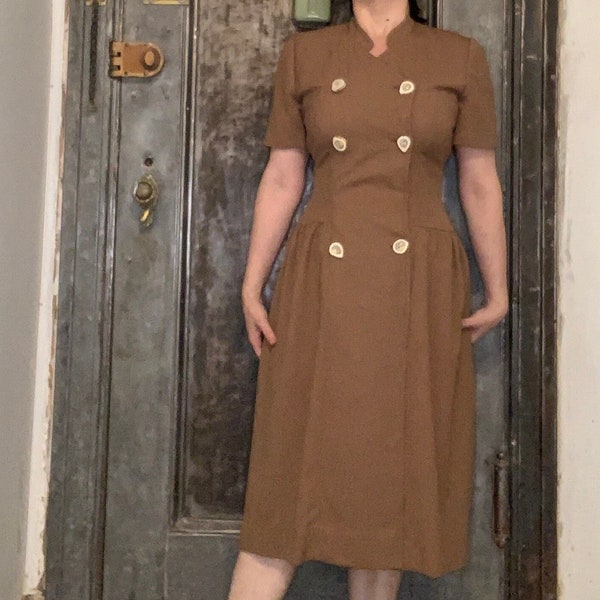 XS S Vintage 50s 60s  brown short sleeve midi dress novelty tree trunk double button down 40s style secretary dress 80s does 40s