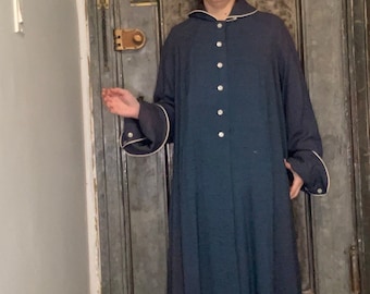 Small Medium Large Vintage Lady Hampton 50s  blue lightweight button up swing coat white piping trim full length to midi length