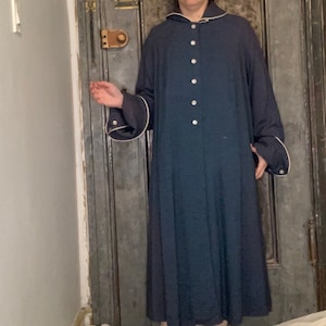 Small Medium Large Vintage Lady Hampton 50s  blue lightweight button up swing coat white piping trim full length to midi length