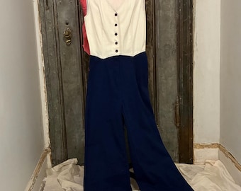 S Vintage 70er 80er Jahre anspruchsvoll Jumpsuit einteiliger Hosenanzug ärmellos weite Palazzobeine professionell tragen zum Arbeiten minimalistisch androgyn