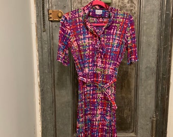 Vintage 60s 70s Nelly Don bright colorful midi wiggle dress with belt neck tie  Mod Workwear Dress Small Medium
