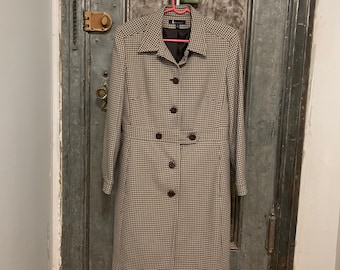 Vintage 80s 90s Larry Levine Suits cream and brown houndstooth midi length dress coat lightweight sz 14 Large X-large Medium
