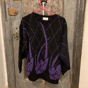 Vintage 80s Fredrick&#39;s of Hollywood black crewneck sweater with purple metallic design vibrant color abstract print oversized sweater Medium