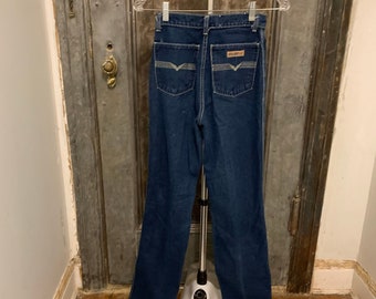 XXS 24" waist Vintage 70s straight leg  jeans blue  medium wash high waisted retro hippie Big Blue Jeans