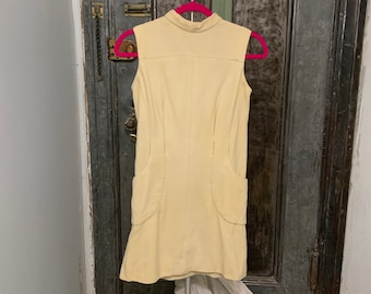 Small xs Vintage mod 60s sleeveless mock neck cream beige mini sheath dress