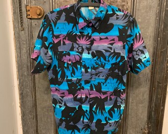 Small Medium Vintage 80s Esprit Hawaiian Shirt with palm trees and women collared front pocket shirt short sleeve unisex hipster