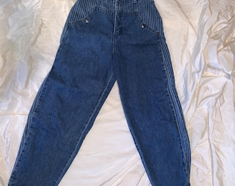 25" Vintage 70er 80er Jahre Candies tapered high waisted blaue Jeans Ballonbeine Denim gestreift