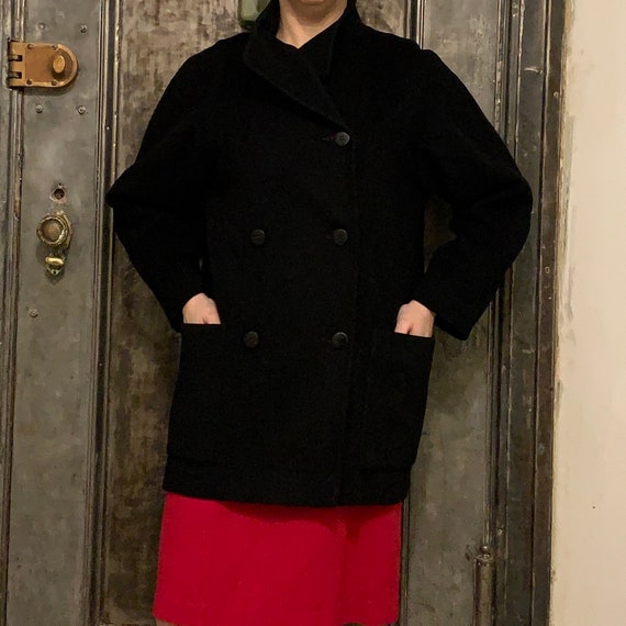 Vintage 80s black wool pea coat with large pocket… - image 8
