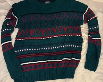 M Vintage 80er 90er Jahre Chaps Ralph Lauren Crewneck Pullover bunter Pullover Grün Southwestern Nordisches Muster 100% Baumwolle unisex gestrickt