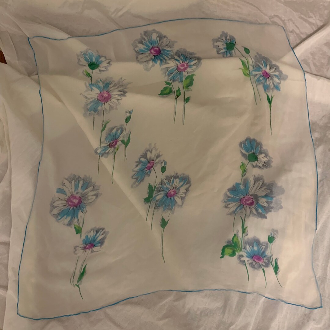 Vintage 70s 80s White Sheer Square Scarf With Turquoise Trim and ...