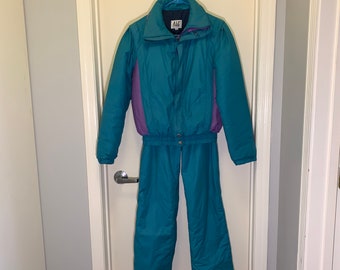 S M Vintage 80er 90er Jahre Nils Ski Jacke und passender Schnee Ski Hose Kugelfischer Retro Türkis und Lila Wintermantel und Hose