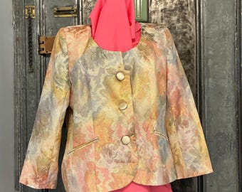 L XLVintage Nieman marcus floral gold metallic Glanz Brokat Blazer Abendmantel
