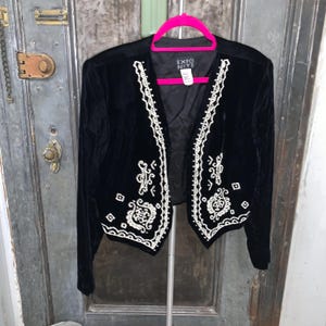 Medium Large XL Vintage Expo Nite Evening Blazer Black velvet blazer open bolero with white beading design