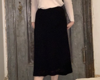 S M L Vintage 80er 70er Jahre Caren Charles schwarz gerader Midi Rock Gummibund Hoch tailliertes Preppy Strick Basic Grundnahrungsmittel