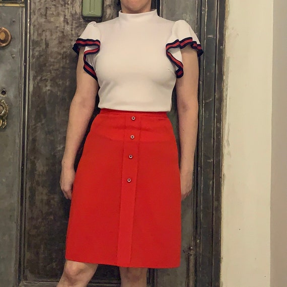 Vintage 70s mod red A-line midi skirt with red wh… - image 1