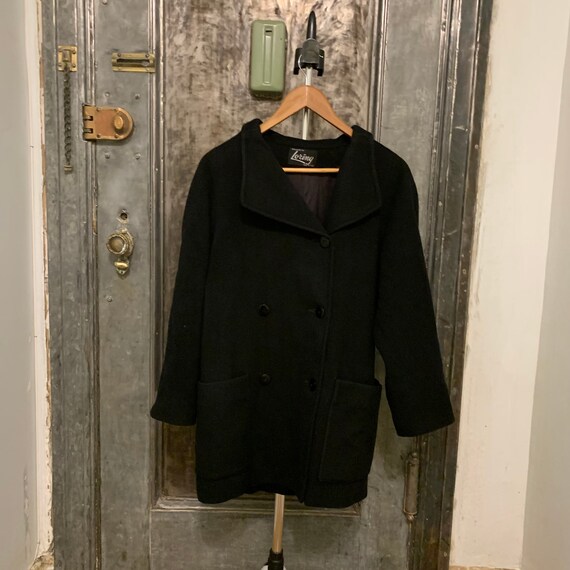 Vintage 80s black wool pea coat with large pocket… - image 2