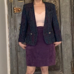 sz 4 XS small Vintage 80s woven silk tweed jewel tones purple, teal, pink collarless Doncaster Silk blazer