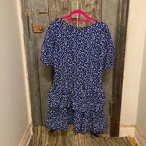 S M L  Vintage 70s 80s Diamond&#39;s Run half sleeve blue and white polka dot dress with drop waist tiered ruffle skirt midi dress party dress