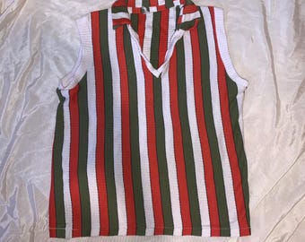 S Vintage 60s 70s ribbed knit crop collared sleeveless top/vest retro white orange green vertical striped