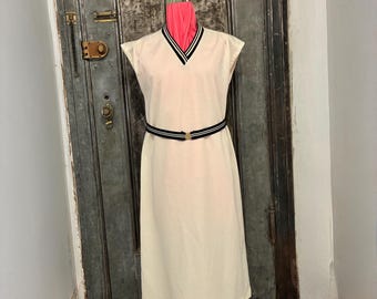 L M Vintage 70er Jahre Montgomery Ward creme schwarz maritimes Midi Etuikleid Gürtel Retro Streifenborte und passender Gürtel