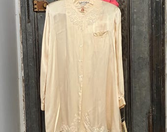 S M Vintage 80er Jahre neu mit Etikett Havanna Creme Seide Perlen Longsleeve Long Tunika Bluse Kleid Oversized Stehkragen Deadstock