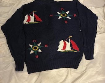L Vintage 80er 90er Boston Traders Pullover Segelboote Kompasse Navy Zopfmuster unisex weicher Baumwolle Zopfmuster Pullover