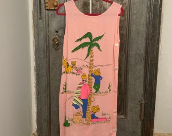 small medium Vintage 70s pink hand painted novelty dress one side pocket sun dress midi dress