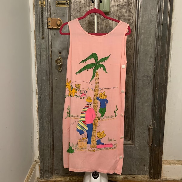 small medium Vintage 70s pink hand painted novelty dress one side pocket sun dress midi dress