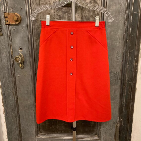 Vintage 70s mod red A-line midi skirt with red wh… - image 4