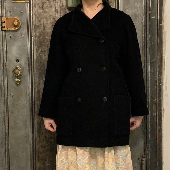 Vintage 80s black wool pea coat with large pocket… - image 10