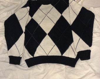 M Vintage 80er 90er Jahre Hafen Klassiker adrette großer Rauten Strickpullover Baumwolle unisex Rundhalsausschnitt